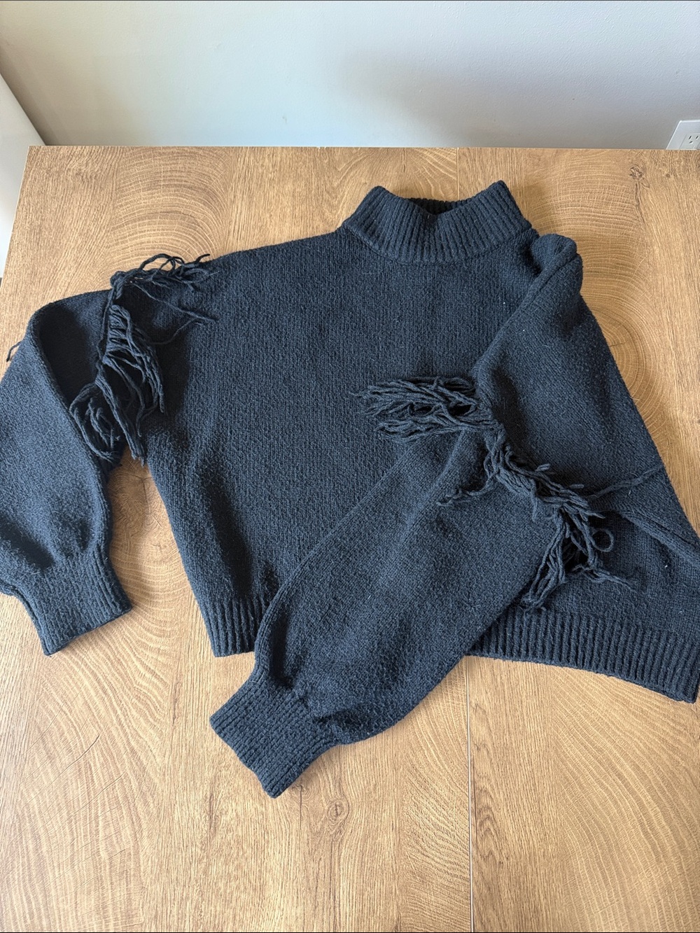 Black Fringe Mock Neck Sweater - Women's Cowl & Turtleneck